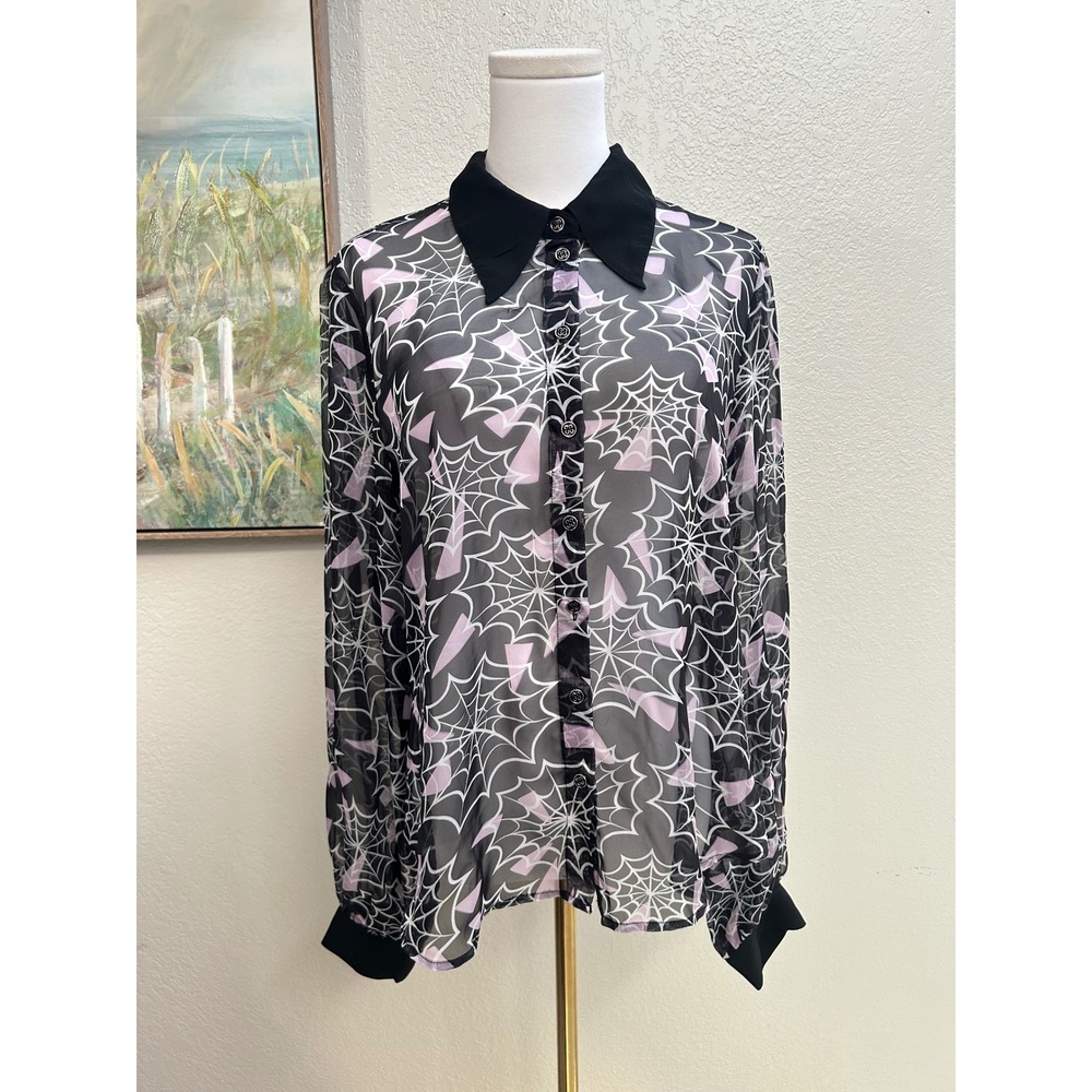 Smak Parlour Spiderweb Sheer Button Front Blouse Goth Halloween Fairy Grunge L